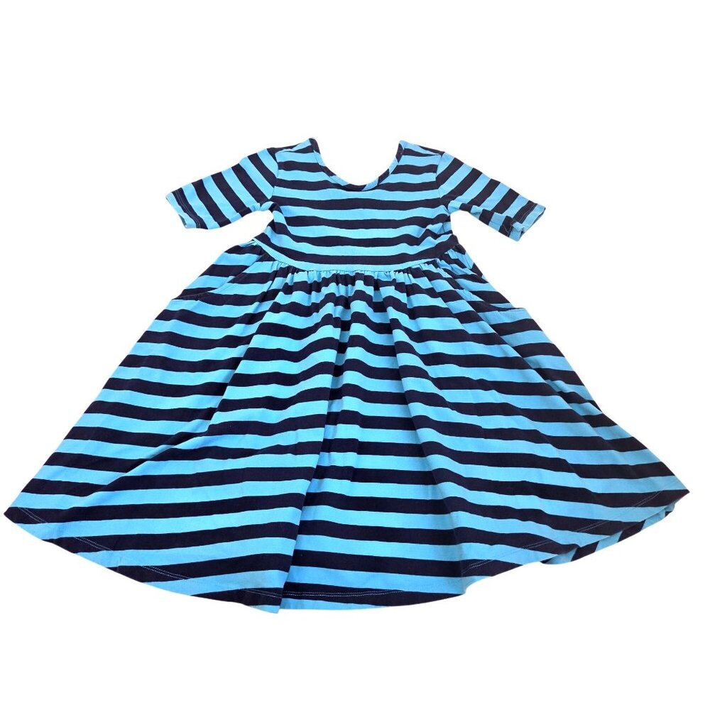Hanna Andersson Girls Striped Dress Size 6-7 Blue & Black Cotton Blend 4159